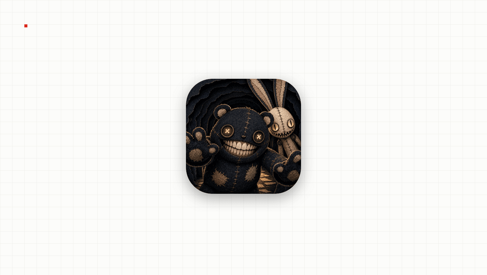 App-Symbol von Nightshift: Don't Look Back: ein grinsender Filz-Teddy und ein Stoffhase greifen aus einem dunklen Puppenhaus-Korridor