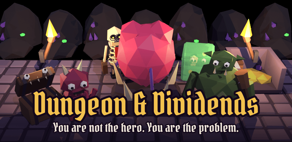 Titelbild von Dungeon & Dividends: Mimic-Truhe, kleiner Teufel, Skelett, roter Kristall, Schleim und Ork in einem Low-Poly-Dungeon mit Fackeln