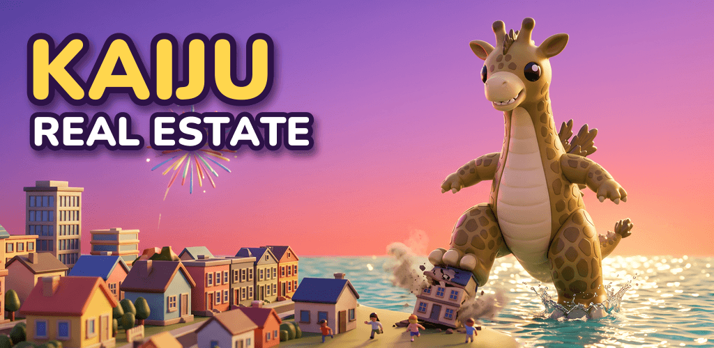 Titelbild von Kaiju Real Estate: ein freundlicher Kaiju steigt aus dem Meer und tritt auf ein Haus einer bunten Spielzeugstadt, darüber ein Feuerwerk