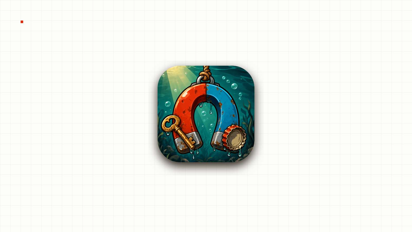App-Symbol von MURKY: ein rostiger Hufeisenmagnet mit Schlüssel und Kronkorken unter Wasser
