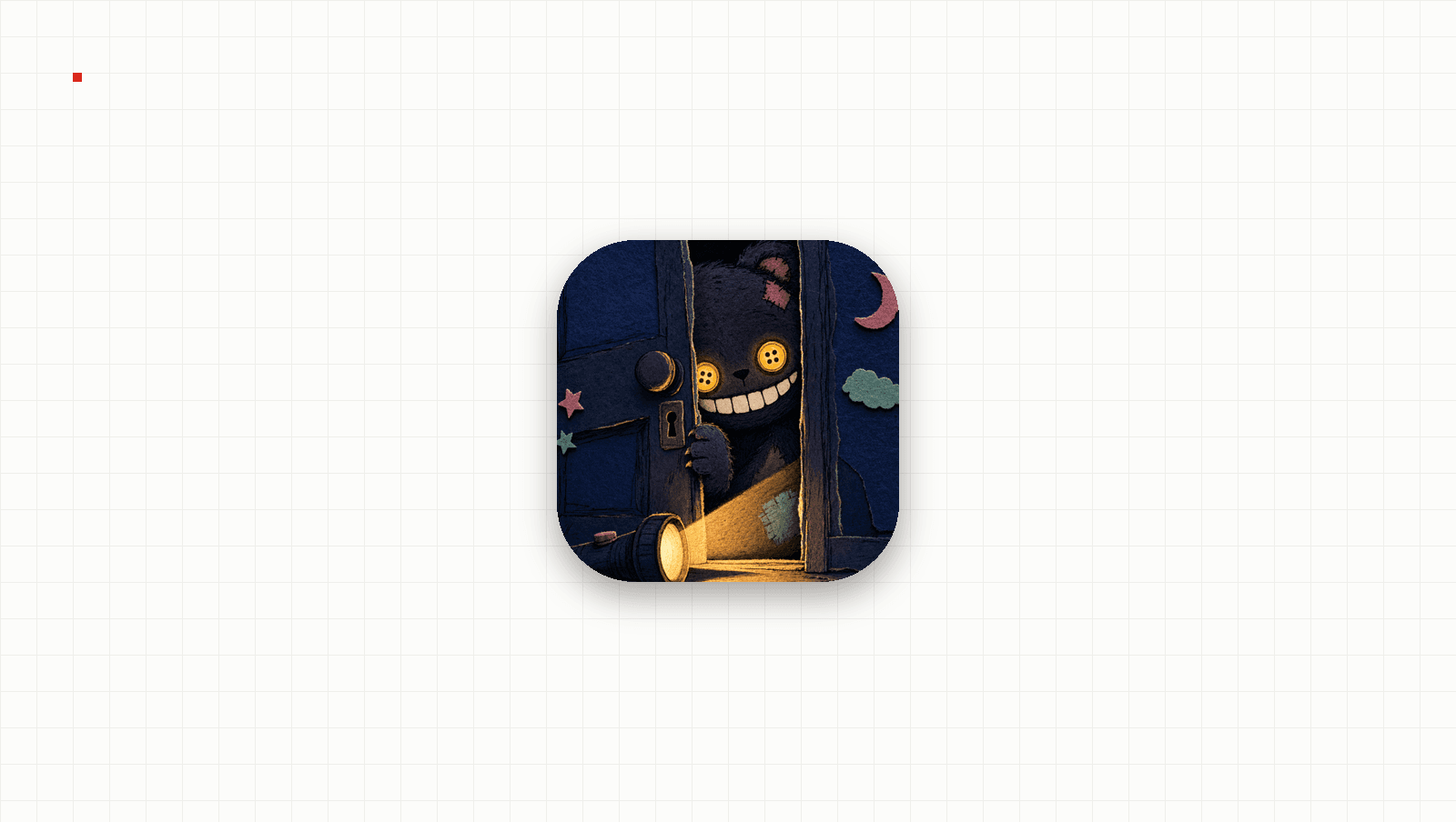 App-Symbol von Nightshift: ein grinsender Filz-Teddy mit Knopfaugen späht durch einen Türspalt, eine Taschenlampe leuchtet auf den Boden