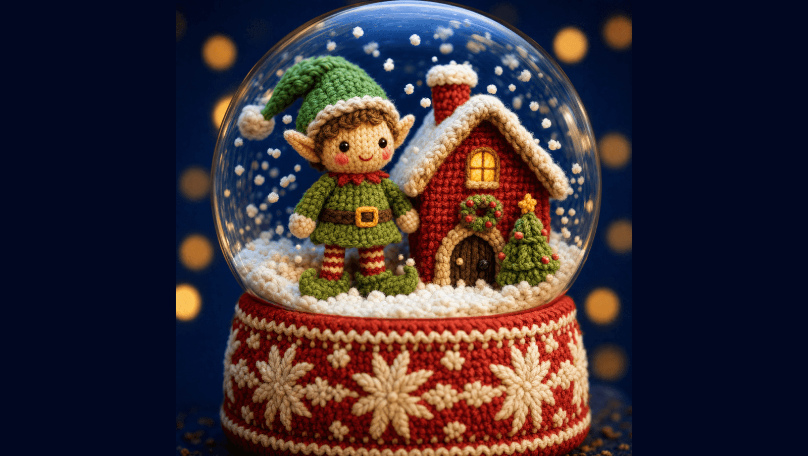 App-Symbol von Santa's Snow Globes: eine Schneekugel aus Glas mit gestricktem Wichtel und rotem Strickhaus darin, auf einem rot-cremefarbenen Norwegermuster-Sockel vor nachtblauem Hintergrund mit goldenen Lichtern