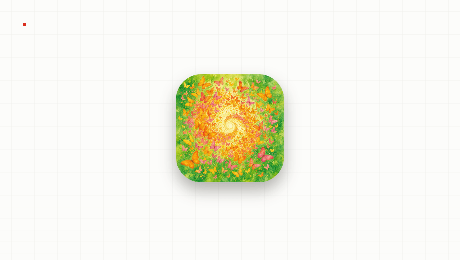 App-Symbol von SWARM: ein Wirbel aus orangen und rosa Schmetterlingen auf grüner Aquarellwiese