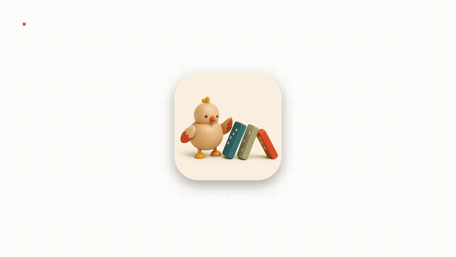 App-Symbol von TOPPLE!: Pip, ein kleiner Holzvogel, stupst bunte Holzdominos an